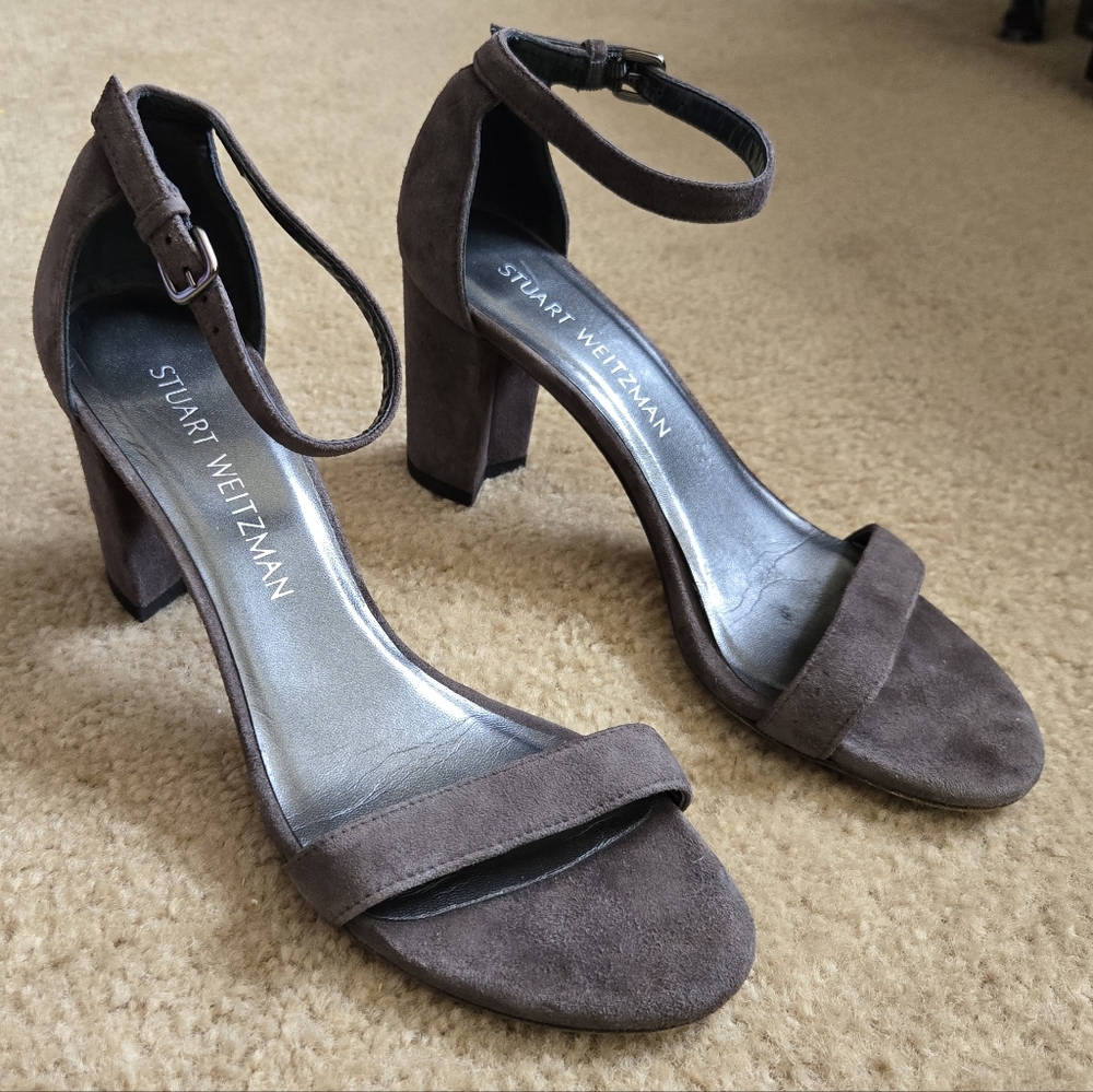 Stuart Weitzman Sz 6.5 7Gray Suede Block Heel Sandals Shoes Womens